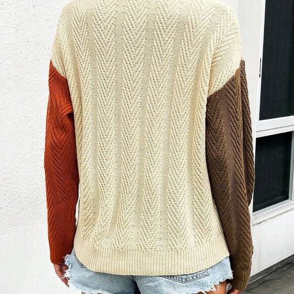 Apricot Casual Women's Half Button Collared Color Block Knit Pullover Sweater - Picture 2 of 5